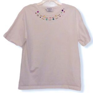 Vintage Cervelle Jewel Embellished White Short Sleeve Top Sz Small